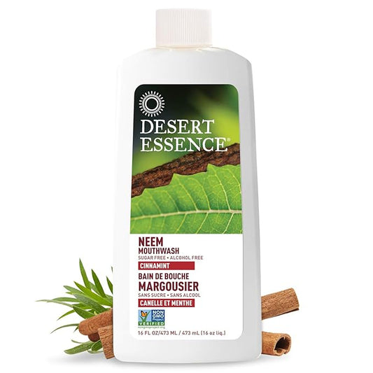 Desert Essence Alcohol-Free Mouthwash with Tea Tree Oil and Aloe, Sugar-Free, Oral Rinse to Fight Bad Breath & Dry Mouth, Vegan, Non-GMO, SLS-Free, Gluten-Free, Cinnamint Flavor, 16oz