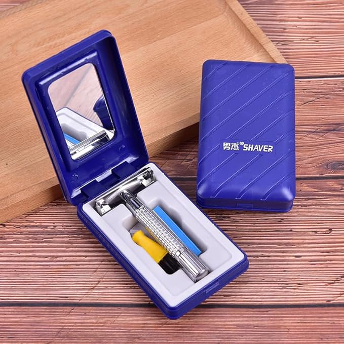 Stainless Steel Double Edge Razor Blades with Mirrored Travel Case, Butterfly Open Razor with Disposable Blade Refill for Clean Shaving Razor for Men, Women