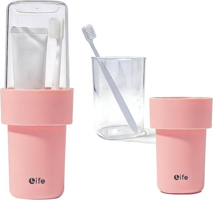 Portable Travel Toothbrush Case, Covered Toothbrush Cup Holders, Toothbrush and Toothpaste Travel Case, Toothbrush Storage Organizer Container for Traveling Bathroom(Pink)