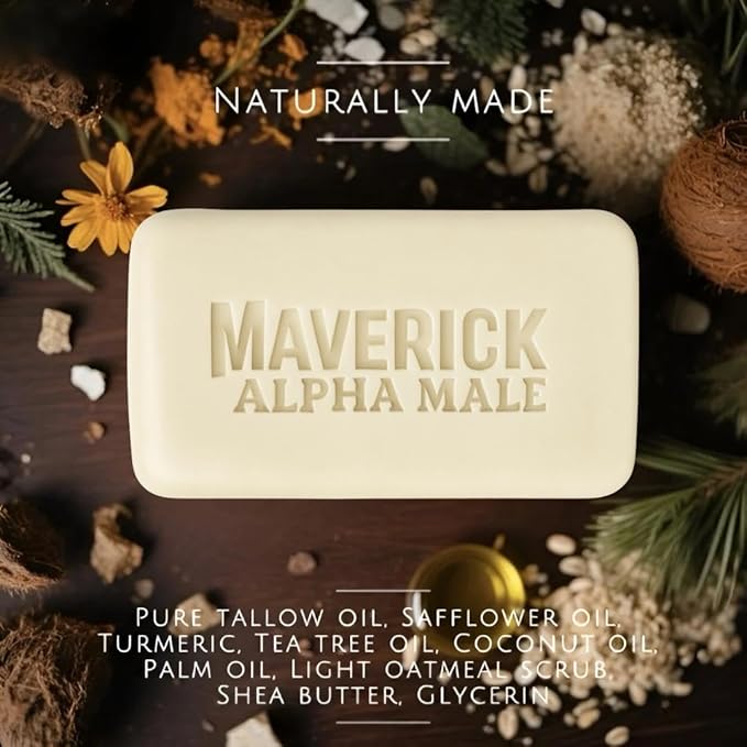 Maverick Alpha Male Soap and Health Brand Unscented Tallow Soap for Men – Natural Bar with Coconut, Tea Tree & Turmeric | Deep Clean, Moisturizing, Sensitive Skin