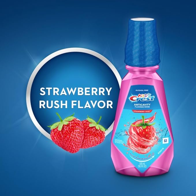 Crest Kid's Anti Cavity Fluoride Mouthwash, Alcohol Free, Strawberry Rush, 500 mL (16.9 fl oz), (Pack of 8)