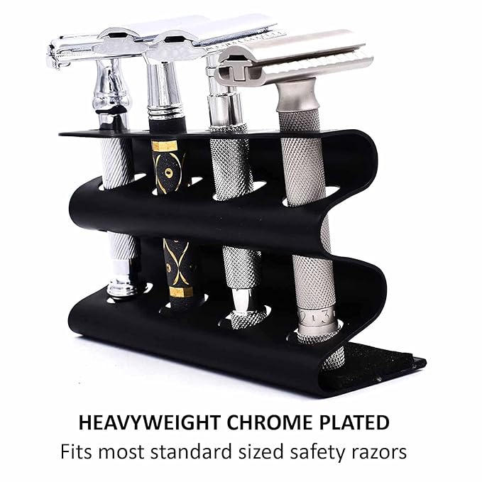 Parker Double Edge Razor Stand – Solid Brass with Black Finish –Holds 4 Razors – Parker Stand with Padded Base – Excellent Storage for Long Handled Double Edge Safety Razors