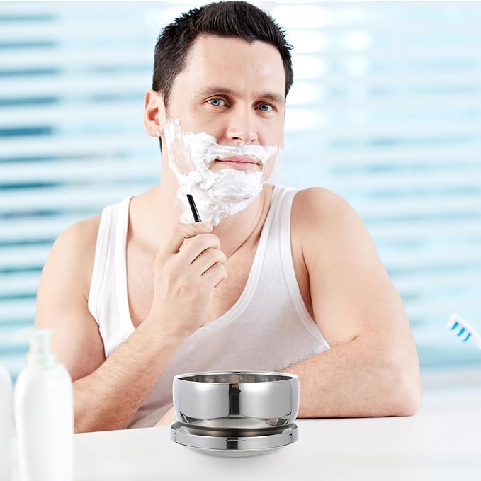 Stainless Steel Shaving Soap Bowl with Lid, Barber Shop Foaming Bowl for Men, Sturdy Soap Foaming Container Suitable for Wet Shaving and Beard Care