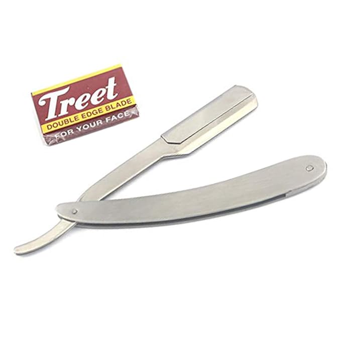 STAINLESS STEEL FOLDING STRAIGHT SHAVING RAZOR, SHAVETTE WITH 100 COUNT SINGLE EDGE RAZOR BLADES (SILVER METAL PATTERN)