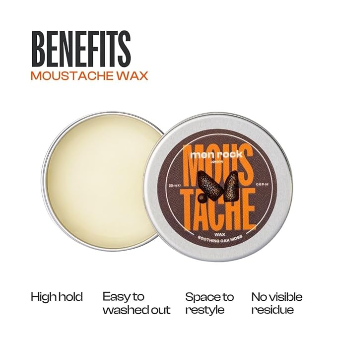 Men Rock Soothing Moustache Wax, Perfect to Shape, Style and Tame Unruly Hairs, Enriched with Argan Oil to Moisturise Hairs, Earthy Oak Moss Fragrance 25ml