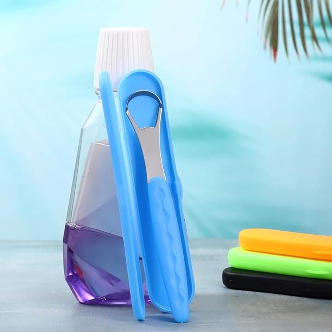 4 Pcs Tongue Scraper Cleaner Adults and Kids Stainless Steel Tongue Brush Metal Tongue Scraper Reduce Bad Breath with Travel Cases for Men Women Oral Mouth, Orange, Black, Green and Blue