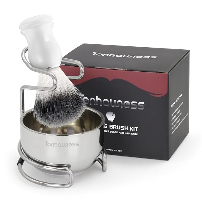 Shaving Brush Kit for Men, 3 in 1 Shaving Brush Set Includes Nylon Bristles Shaving Brush, 3 Layers Stainless Steel Shaving Bowl and Integrated molding Shaving Stand for Men’s Shave Gift