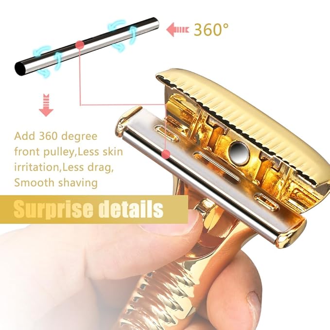 Single Blade Razors for Men and Women, Reusable Modular Safety Razor with Magnetic Head and Metal Non-Slip Grip, 10 Single Edge Razor Blades & Leather Case,Gold Roller