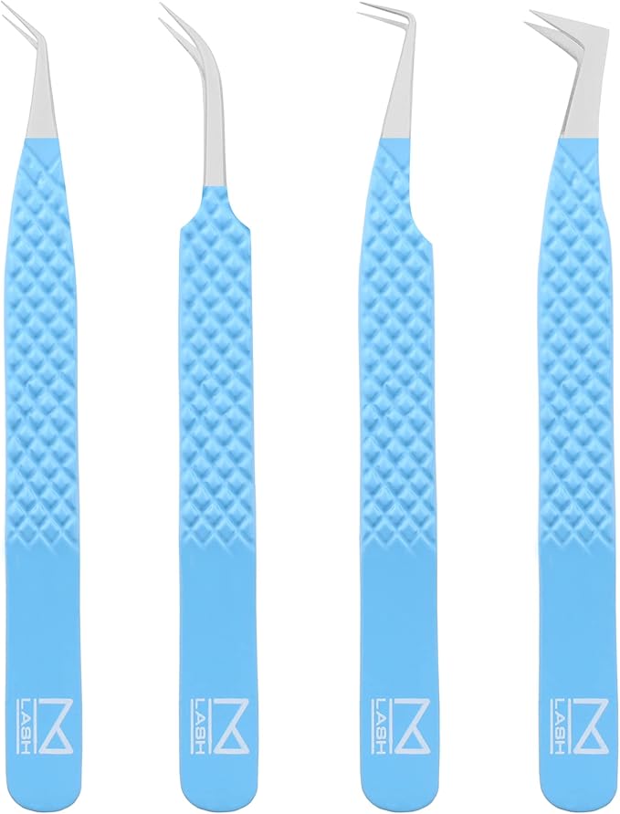 M LASH Tweezers for Eyelash Extensions (Set of 4) - Professional Lash Extension Tweezers - Fiber Tip, Japanese Steel, Diamond Grip Eyelash Extension Tweezer set (Teal)