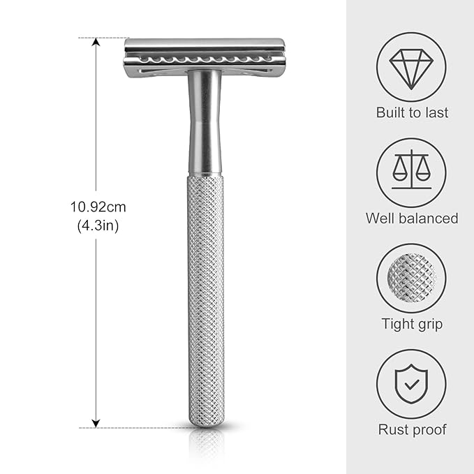 Safety Razor for Men & Women - Double Edge Single Blade Razor with 10 Blades, Reusable One Blade Razor for Close Shave (Mens & Womens Razor, Eco-Friendly)-silver
