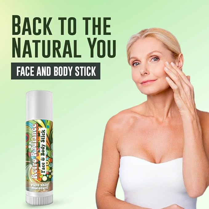 Retro Radiance Pure Skin Moisture Face and Body Stick,All Natural Organic Skincare,anti ageing,jojoba,coconut,coccoa butter,vegan,fragrance free,lips,tattoo,hands,heels,made in USA