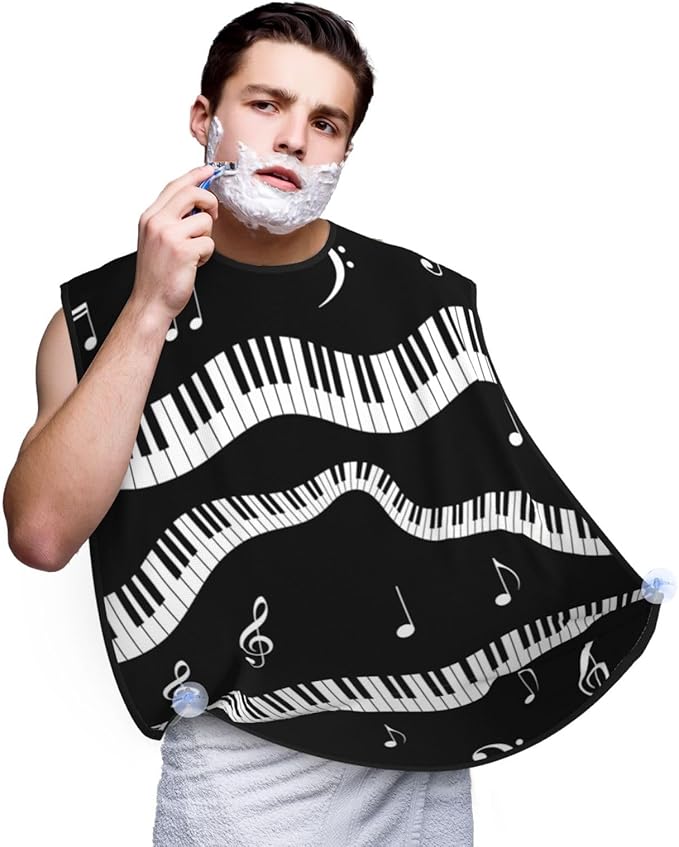 Stretchable Beard Cape, Non-Stick Hair Catcher for Trimming, Waterproof Grooming Apron, Black and White Piano Keys with Musical Notes