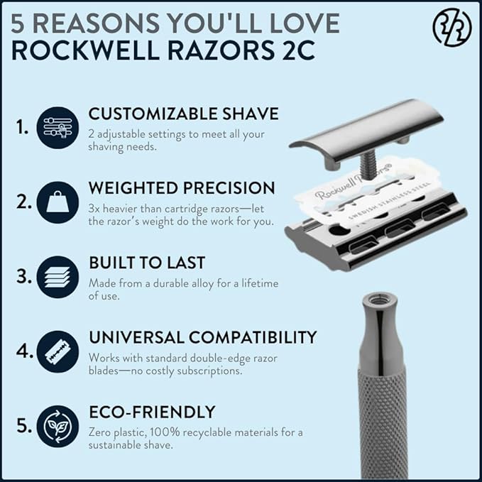 ROCKWELL RAZORS 2C Gunmetal Chrome Double Edge Safety Razor With Adjustable Shave Settings and 5 Fully Recyclable Razor Blades. Reusable Safety Razors for Men and Women