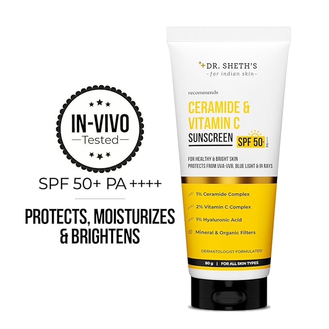 Dr. Sheth's Women & Men Ceramide & Vitamin C Sunscreen For All Skin Types Spf 50+ Pa+++ | For Deep Moisturization | Non-Greasy,Quick-Absorbing | 80G,Pack Of 1