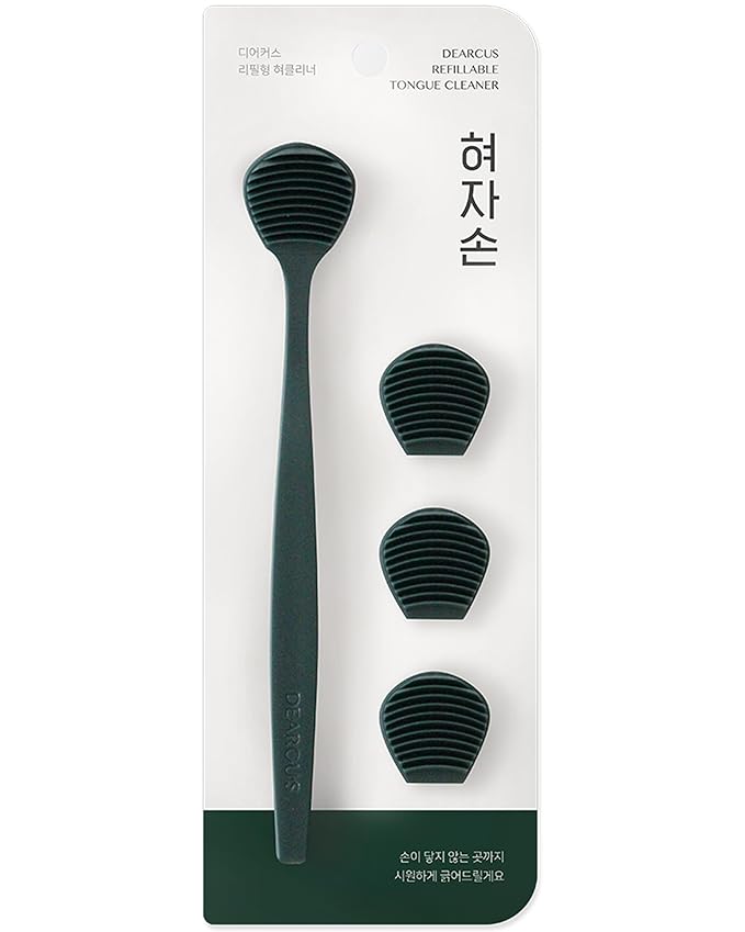 DEARCUS Tongue Scraper with 3 Replaceable Heads for Up to 9 Months - Soft BPA-Free TPE Tongue Cleaner, Designed to Reduce Gag Reflex, Helps Freshen Breath & Remove White Coating (Deep Green)