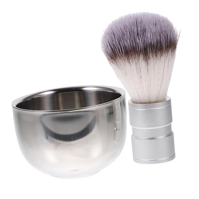 minkissy Nylon Hair Shaving Brush and Double Layer Stainless Steel Shave Bowl Lathering Mug for Traditional Wet Shaving Combination
