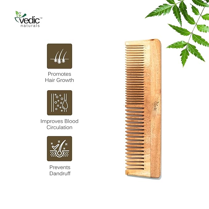 100% Pure & Natural Neem Wood Comb | Promotes Hair Growth, Reduces Hair Fall & Control Dandruff | Wide & Thin Teeth