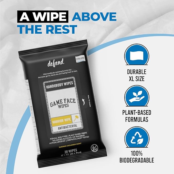Game Face Antibacterial Warrior Wipes - Hand & Surface Disinfecting Wipes | 20 Count Pack XL Size 100% Compostable, Naturally Formulated | Leaves Skin Feeling Fresh & Clean | Cucumber & Lime Scent