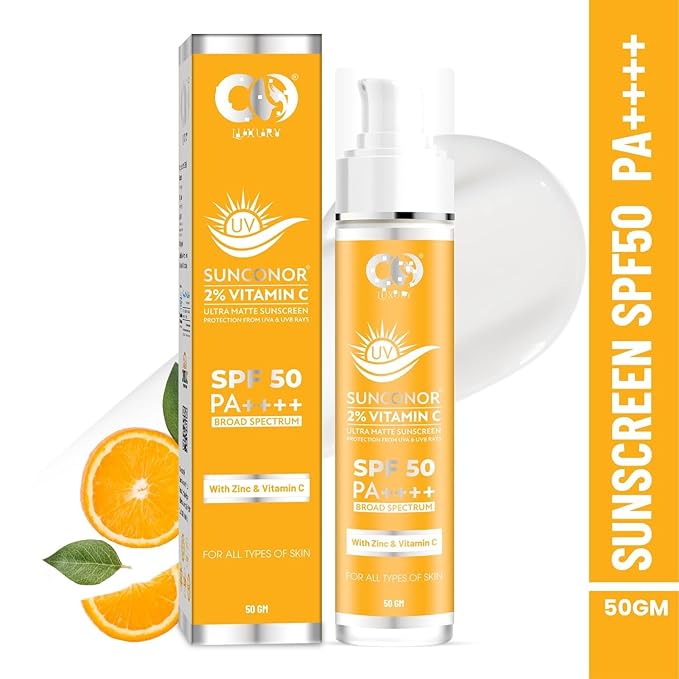 2% Vitamin C Sunscreen SPF 50 PA+++ | Water Resistant & Non-Greasy, Broad Spectrum Sunblock with Vitamin C, Zinc Oxide & Glycerine | Matte Finish, UVA/B Sun Protection for Women & Men | 50 gm
