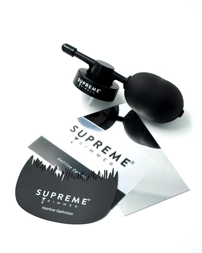 Supreme Trimmer Hair Building Fibers 8-in-1 Kit | 25G Keratin Fibers, Pump Nozzle, Hairline Cards, S&L Shaker, Brush, Wipes, Mirror | Conceal & Thicken Thinning Hair in Men & Women | Black