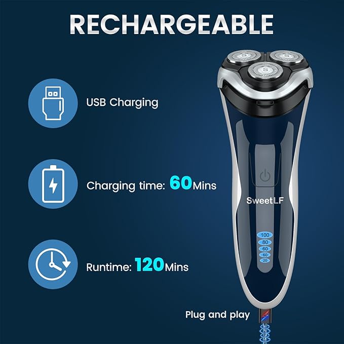 Electric Razor for Men, SweetLF 100% Waterproof Electric Shaver, USB C Rechargeable, Wet & Dry Rotary Shavers for Men with Pop-up Trimmer, Corded and Cordless, Navy Blue