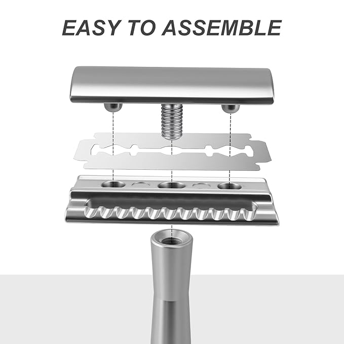 Safety Razor with Stand for Men & Women - Double Edge Single Blade Razor, One Blade Razor with 10 Blades & Metal Stand - Reusable Mens & Womens Shaving Razor (Complete Kit)-silver