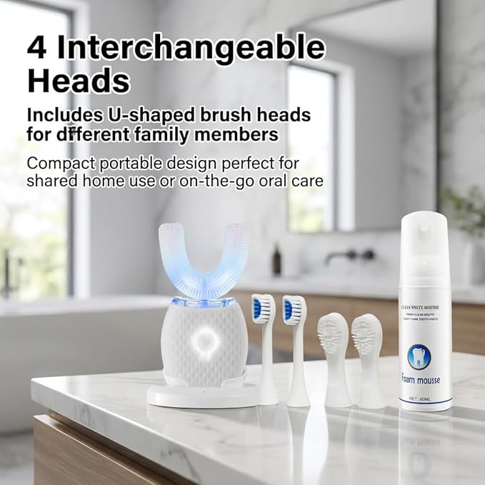 U-Shaped Electric Toothbrush for Adults, Hands-Free Auto Teeth Cleaner with 360° Ultrasonic & Foam Mousse, 4 Brush Heads, LED Light & Charging Base Kit (White)