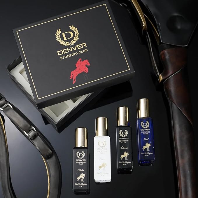 Denver Sporting Club Luxury Gift Set for Men, 4 x 0.68 Fl Oz Eau de Parfum Collection | Goal, Rider, Victor and Champ | Long-Lasting Fragrance and Odor Protection