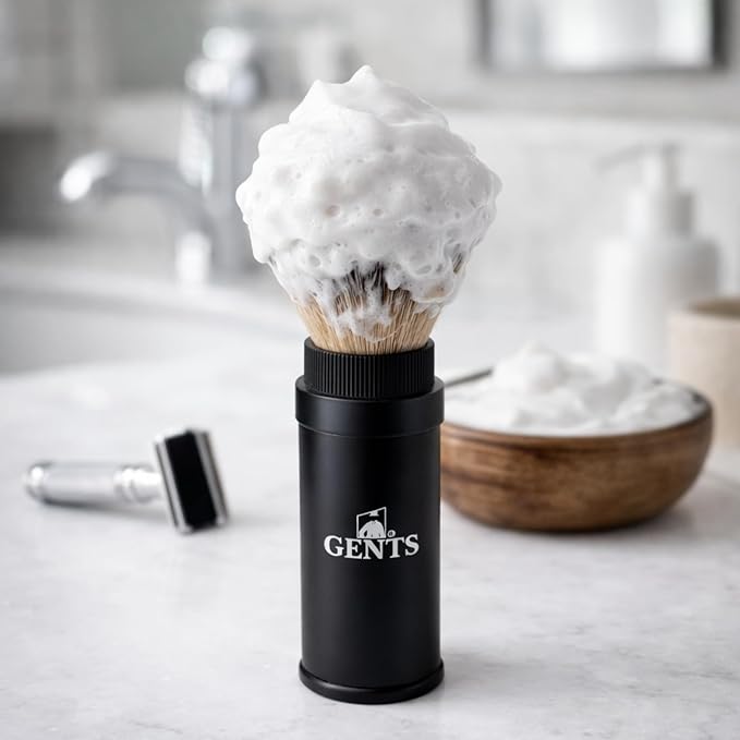 GENTS Travel Shaving Brush with Collapsible Canister – Synthetic Bristles, Compact Portable Wet Shaving Brush for Men, Chrome-Style Travel Grooming Brush for Home, Gym & Hotel Use (Black, 6 Inches)