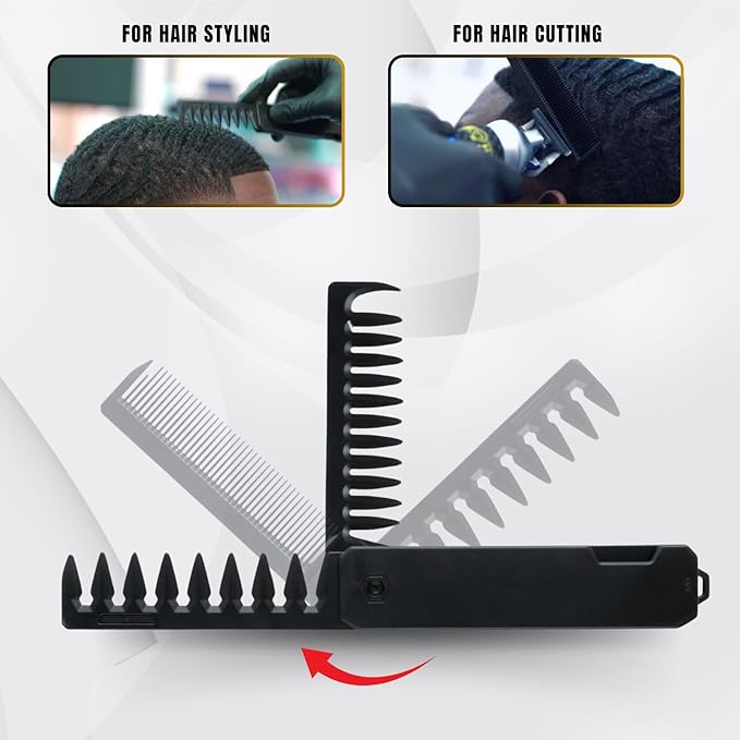 Protable Folding Pocket Comb for Men, 3 in 1 Hair Comb - Fine Tooth & Wide Tooth Comb, for Everyday Grooming & Combing Hair, Beards and Mustaches (Black)