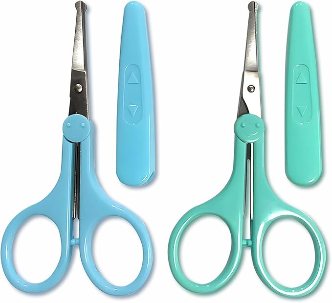2-Pack Eyebrow Scissors, Precision Small Scissors for Facial, Nose, Eyebrow, Mustache, and Beard Hair Trimming & Grooming, Safety Edge, Long Cap (Blue and Green).