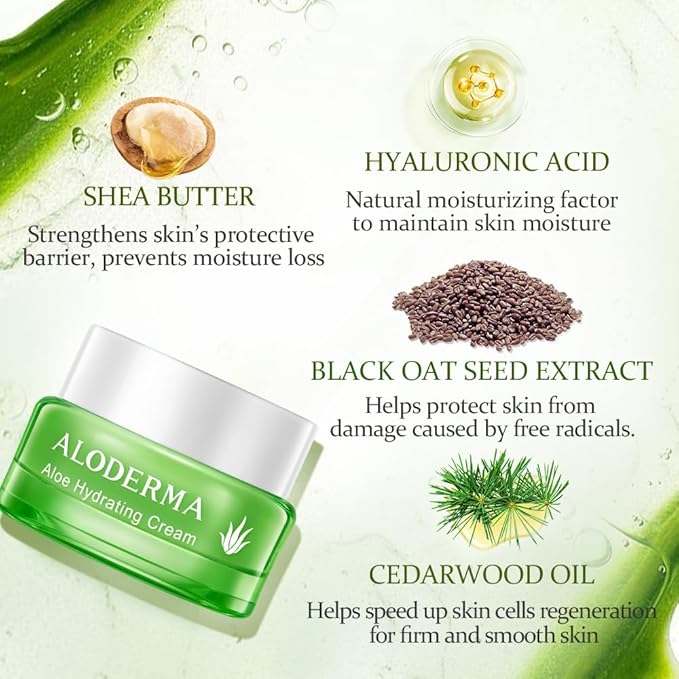 Aloderma Hydrating Face Cream for Dry Skin Made with 65% Organic Aloe Vera - Natural Hydration with Hyaluronic Acid & Arginine - Nourishing Aloe Vera Face Cream - Moisturizing Dry Skin Cream, 1.7oz