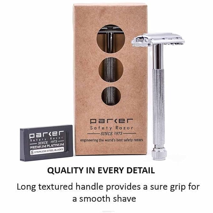Parker 29L Chrome, Long Handle Butterfly Open Double Edge Safety Razor for Men & Women, 5 Parker Premium Platinum Double Edge Razor Blades Included