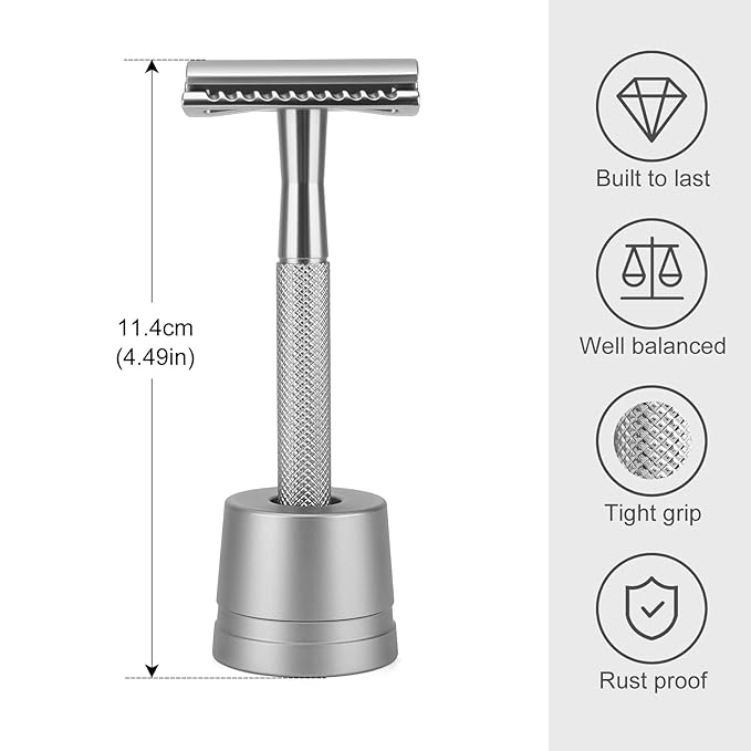 Safety Razor with Stand for Men & Women - Double Edge Single Blade Razor, One Blade Razor with 10 Blades & Metal Stand - Reusable Mens & Womens Shaving Razor (Complete Kit)-silver