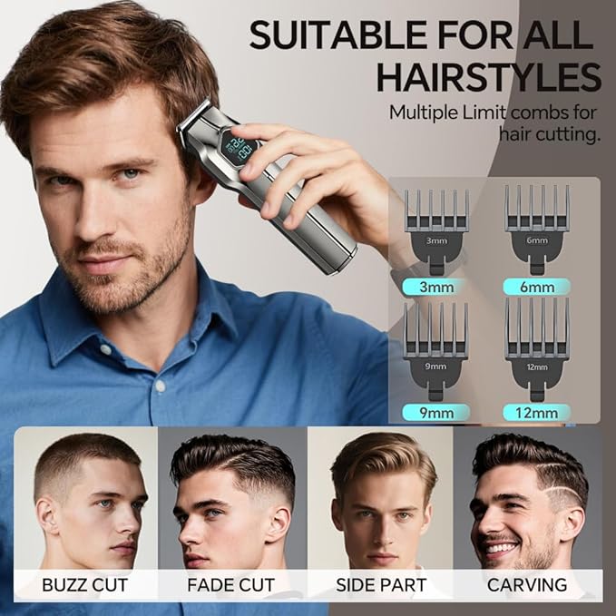 GERTZY 5-in-1 Electric Beard Trimmer Magnetic Replacement Heads, Professional Cordless Hair Clippers for Men Rechargeable, IPX7 Waterproof Grooming Kit for Mustache, Body, Nose, Gifts for Men (Silver)
