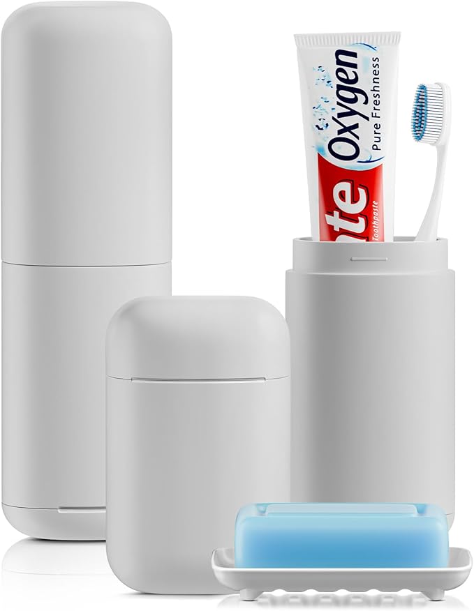 2Pack Travel Soap Case Container, Portable Toothbrush Travel Case with Cup, Tooth Brush Soap Bar Case Set for Traveling, Bathroom, Camping, Gym, Gray