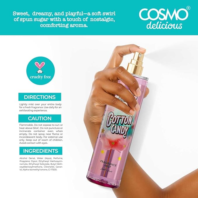 Cosmo Delicious Cotton Candy Fragrance Mist 150ml, Sweet Spun Sugar & Bubblegum Scent, Light Fruity Body Spray, Perfect For Everyday Wear, Long Lasting Perfume For Women & Men