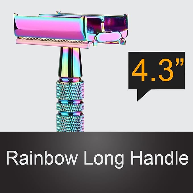 WEISHI Butterfly Open Double Edge Safety Razor for Men and Women, Elegant Rainbow Color Handle with 5 Stainless Razor Blades Included, Reusable Wet Shave Tool for Smooth, Close Shave