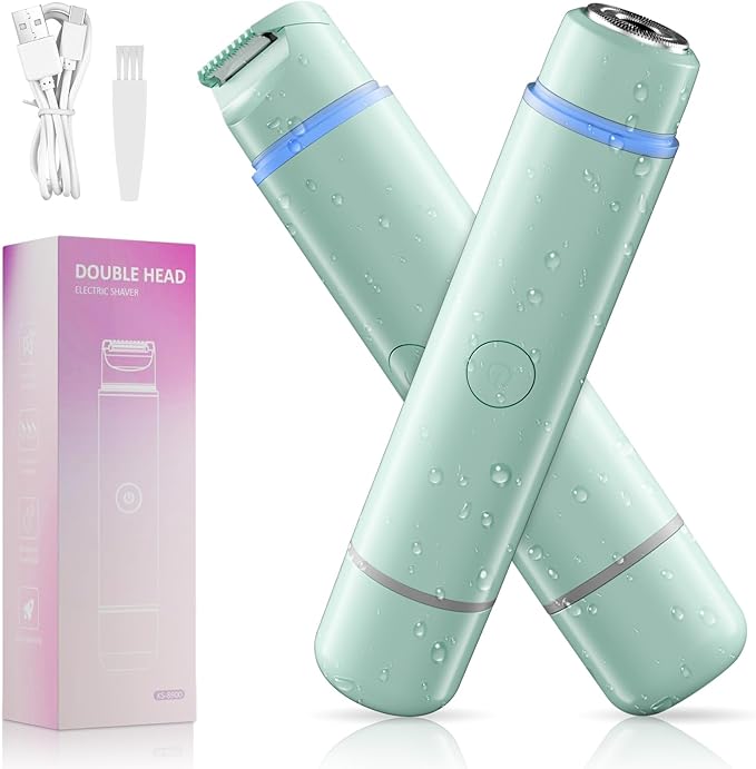 Bikini Trimmer for Women,Painless Rechargeable Electric Razor Remover,2-in-1 Dual Heads Facial & Pubic Hair Removal for Ladies Pubic,FaceUnderarms,Legs Valentine's Day Gift Green