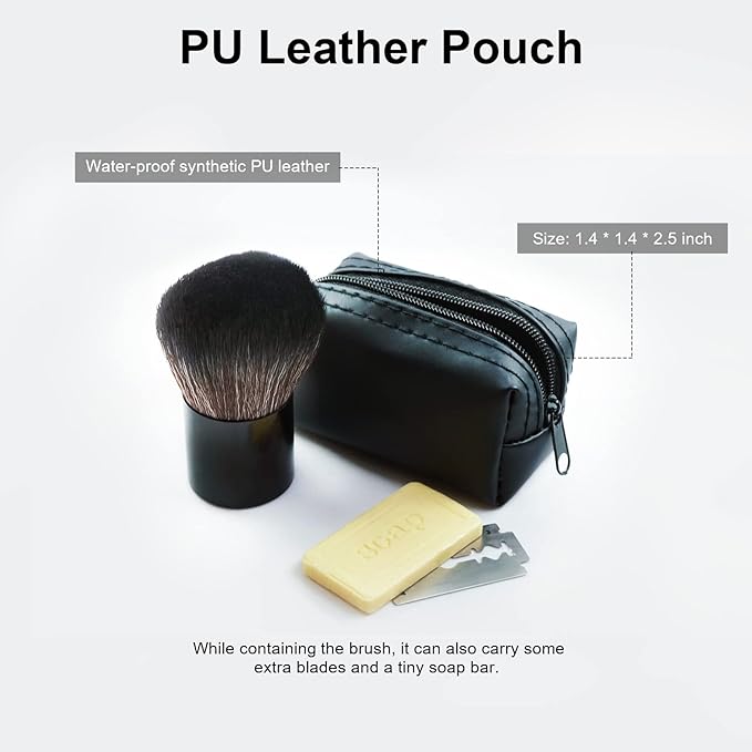Portable Mini Shaving Brush with PU Pouch - Easy Carry Mini Brush for Frequent Travelers - Durable Synthetic Fibers, Anti-rust Aluminum Handle, Handy Mini Pouch, Fast and Rich Lathering