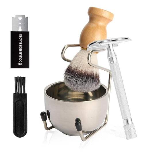 Badger Hair Shaving Brush with Wood Handle,Double Edge Safety Razor,Stainless Steel Shaving Stand and 3 Layers Shaving Bowl Perfect for Men Gift