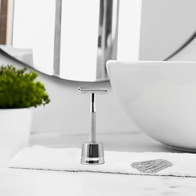 ZOMCHI Double Edge Safety Razor for Men with Stand, Reusable Metal Razor with 10 Double Edge Blades, Single Blade Razors for Men & Women – Silver