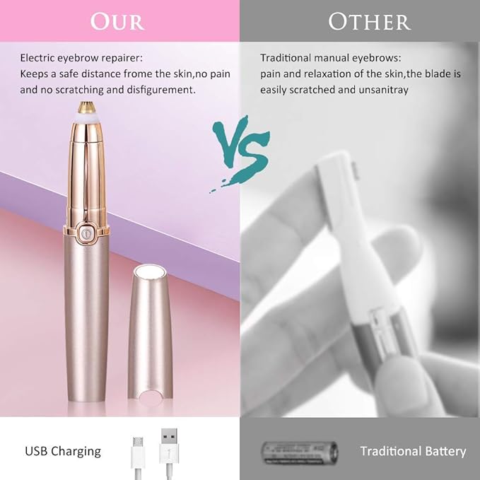 Eyebrow Hair Remover Razors, Painless Precision Eyebrow Trimmer, Portable Eyebrow Epilator Pen with Light and USB Charging, Cleaning Brush Included Eyebrow Hair Removal for Women
