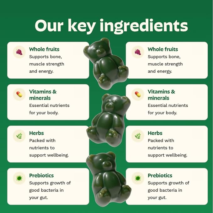 Gruns Adults Super Greens Multivitamin Gummies, Superfood Vitamin Gummy Bears with Spirulina, Chlorella, Prebiotic Fiber for Digestive Health, Adaptogens Supplement, 20 Vitamins & Minerals, 28 Count