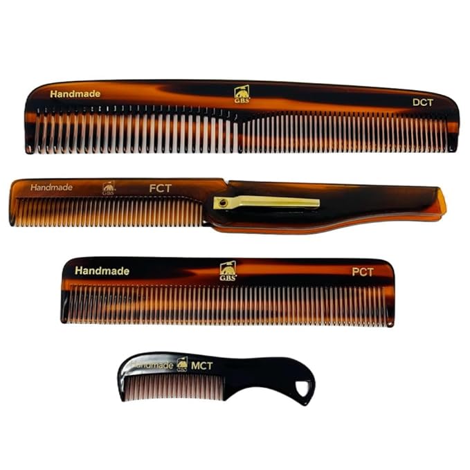 Handmade Tortoise Shell Comb Set – Pack of 4 Premium Fine-Tooth Combs for Men & Women – Includes Pocket, Folding, Dressing & Mustache Combs – Stylish Hair & Beard Grooming Kit