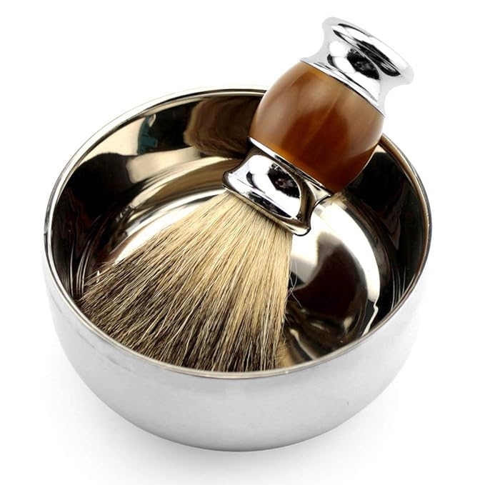 Grandslam Stainless Steel Shaving Bowl and Badger Hair Brush Kit - Wide Mouth, With Lid