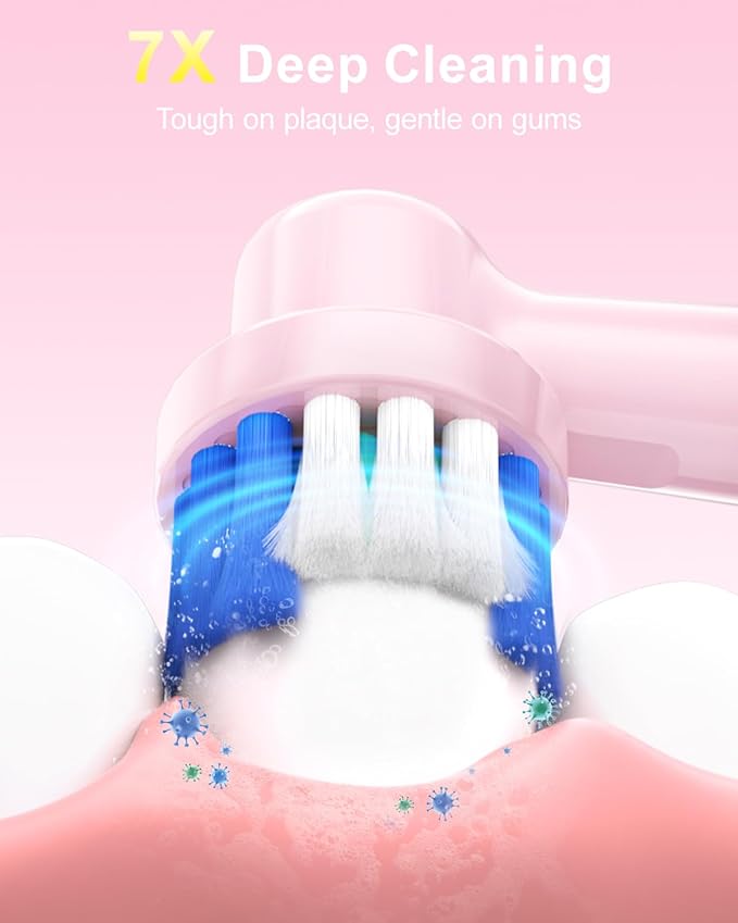 Rotating Electric Toothbrush for Adults, 8 Brush Heads (2 Types) & Travel Case, 5 Cleaning Modes Rechargeable Power Toothbrush with 2-Minute Smart Timer, Pink