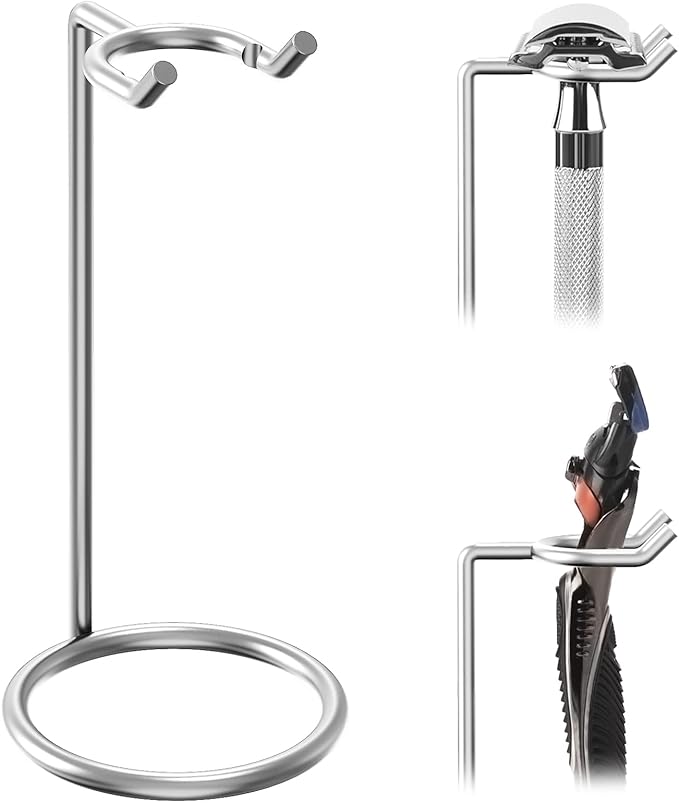 Linkidea Stainless Steel Safety Razor Stand, Polished Chrome Travel Shaving Razor Holder Compatible with Long Handle Safety Razor, Fusion 5 (Silver)