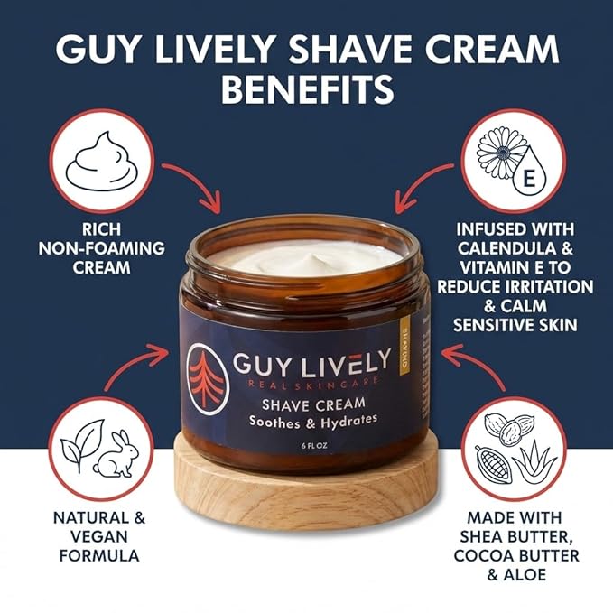 Guy Lively Men’s Shave Cream, Unscented Non‑Foaming Shaving Cream for Sensitive Skin with Organic Aloe, Shea & Cocoa Butter, Natural Vegan Formula Reduces Razor Burn & Irritation, 6 fl oz, Made in USA