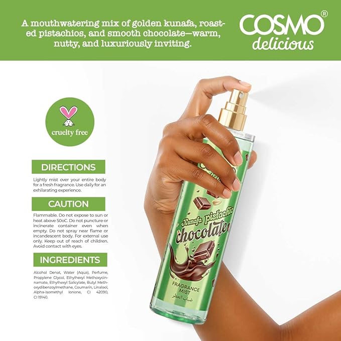 Cosmo Delicious Kunafa Pistachio Chocolate Fragrance Mist 150ml, Kunafa Parfum, Cocoa, Nutty & Sweet Dessert Scent, Gourmet Body Spray, Perfect For Everyday Wear, Long Lasting Perfume For Women & Men
